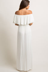 Ivory Off Shoulder Ruffle Trim Maternity Maxi Dress