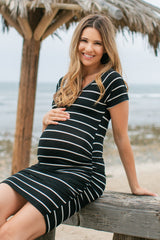 Black Striped Ruched Bodycon Maternity Dress