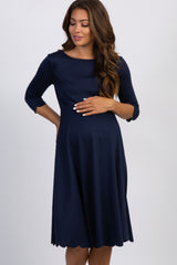 PinkBlush Petite Navy Solid Scalloped Hem Maternity Dress