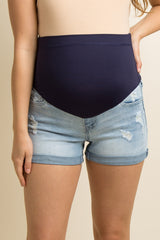 Light Blue Distressed Cuffed Maternity Jean Shorts