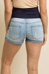 Light Blue Distressed Cuffed Maternity Jean Shorts