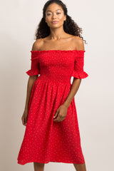 Red Polka Dot Smocked Midi Dress