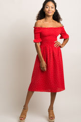 Red Polka Dot Smocked Midi Dress