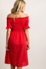 Red Polka Dot Smocked Maternity Midi Dress