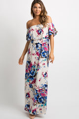 PinkBlush Ivory Floral Ruffle Off Shoulder Maxi Dress