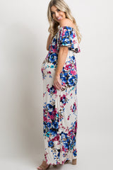 PinkBlush Ivory Floral Ruffle Off Shoulder Maternity Maxi Dress