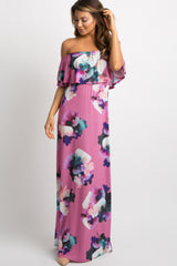 Pink Floral Ruffle Off Shoulder Maternity Maxi Dress