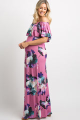 Pink Floral Ruffle Off Shoulder Maternity Maxi Dress