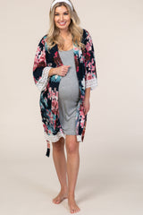 PinkBlush Navy Blue Floral Lace Trim Delivery/Nursing Maternity Robe