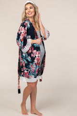 PinkBlush Navy Blue Floral Lace Trim Delivery/Nursing Maternity Robe