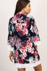 PinkBlush Navy Blue Floral Lace Trim Delivery/Nursing Maternity Robe