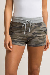 Olive Camo Print Drawstring Terry Shorts