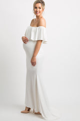 PinkBlush Ivory Ruffle Off Shoulder Mermaid Maternity Photoshoot Gown/Dress