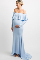 PinkBlush Light Blue Off Shoulder Ruffle Maternity Photoshoot Gown/Dress
