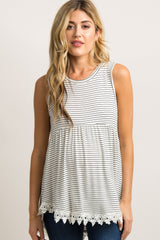 White Striped Crochet Trim Peplum Maternity Top