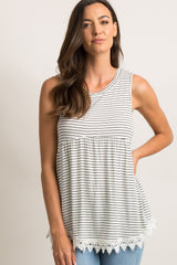 White Striped Crochet Trim Peplum Maternity Top