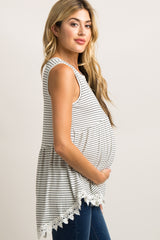 White Striped Crochet Trim Peplum Maternity Top