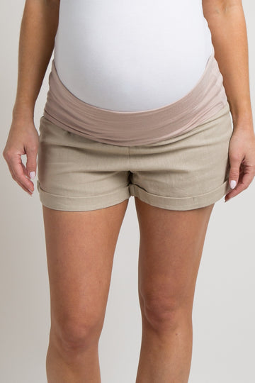 Taupe Foldover Linen Maternity Shorts