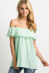 Mint Off Shoulder Ruffle Pom Trim Maternity Top