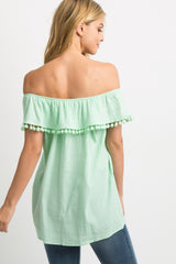 Mint Off Shoulder Ruffle Pom Trim Top