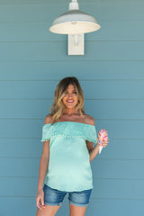 Mint Off Shoulder Ruffle Pom Trim Maternity Top