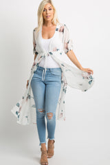 Cream Floral Chiffon Tie Accent Long Cover Up