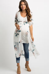 Cream Floral Chiffon Tie Accent Long Maternity Cover Up