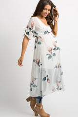 Cream Floral Chiffon Tie Accent Long Maternity Cover Up