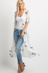 Cream Floral Chiffon Tie Accent Long Cover Up