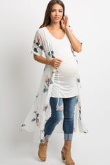 Cream Floral Chiffon Tie Accent Long Maternity Cover Up