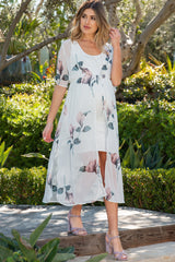 Cream Floral Chiffon Tie Accent Long Maternity Cover Up