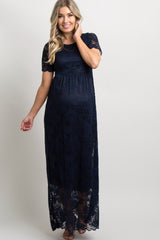 Navy Blue Lace Overlay Maternity Maxi Dress