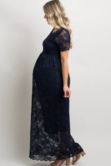 Navy Blue Lace Overlay Maternity Maxi Dress