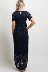 Navy Blue Lace Overlay Maternity Maxi Dress