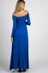 Petite Royal Blue Solid Off Shoulder Maternity Maxi Dress