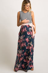 Teal Floral Striped Sash Tie Maternity Maxi Dress