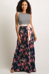 Teal Floral Striped Sash Tie Maternity Maxi Dress