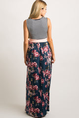 Teal Floral Striped Sash Tie Maternity Maxi Dress