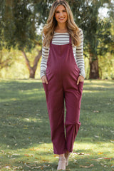 Burgundy Linen Side Pocket Maternity Overalls