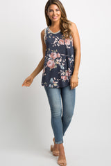Navy Blue Floral Crochet Trim Sleeveless Top