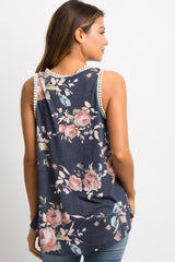 Navy Blue Floral Crochet Trim Sleeveless Top
