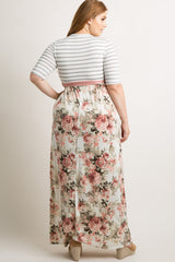Ivory Striped Colorblock Floral Plus Maxi Dress
