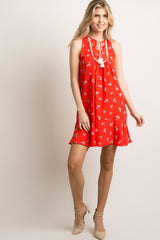 Red Floral Crochet Tassel Tie Shift Dress
