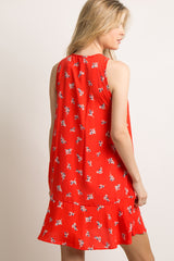 Red Floral Crochet Tassel Tie Shift Dress