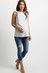 Grey Striped Ruffle Sleeveless Maternity Top