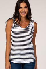 Navy Blue Striped Shoulder Knot Knit Top