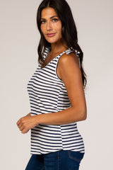 Navy Blue Striped Shoulder Knot Knit Top