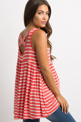 Coral Striped Crisscross Back Peplum Maternity Tank Top