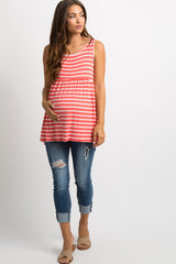 Coral Striped Crisscross Back Peplum Maternity Tank Top