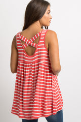 Coral Striped Crisscross Back Peplum Maternity Tank Top